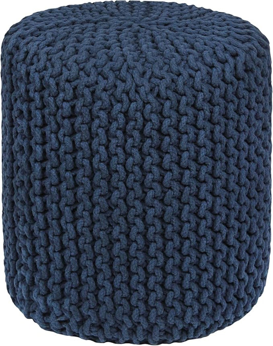 COTTON CRAFT Braided Round Pouf - Hand Knitted Cotton Cord Cable Dori Cylindrical Ottoman - Foot Stool - Floor Pouf - Footrest - Accent Seat - Living Room Bedroom Dorm Décor - 15 Round x 16 H - Blue
