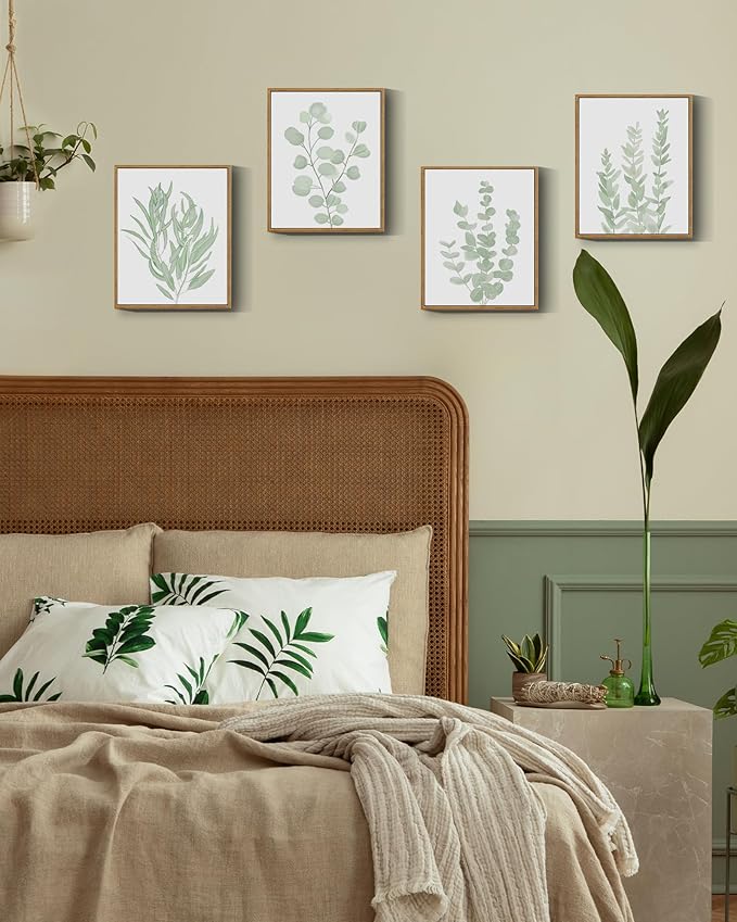 Drsoum Framed Botanical Plant Canvas Wood Wall Art Light Green Sage Wall Decor Eucalyptus Leaf Picture for Bedroom Living Room Bathroom Office 8βx 10β x 4pcs
