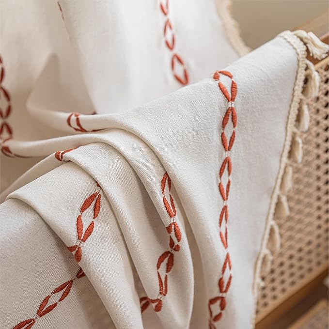 Sutuo Home Boho Curtains 96 Inch Long for Bedroom Dining Living Room, Light Filtering Cotton Embroideried Bohemian Striped Farmhouse Fall Halloween Decor, 1 Panel W52 x L96,White and Terracotta