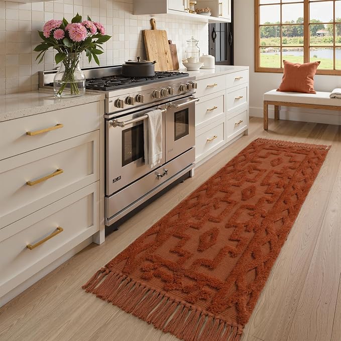 Uphome Boho Runners for Hallways 2' x 6', Washable Farmhouse Entryway Runner Rug, Cotton Tufted Bedroom Runner Rugs, Bohemian Tribal Throw Aesthetic Rug for Kitchen Doorway Living Room, Terracotta