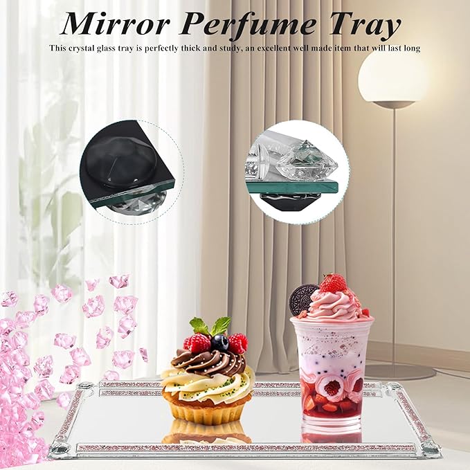 Mirrored Vanity Tray, Crushed Diamond Filled Crystal Glass Cosmetic Makeup Tray, Sparkle Perfume Jewelry Trinket Countertop Decorative Tray, for Home Party Hotel Banquet Dresser Bathroom Bedroom