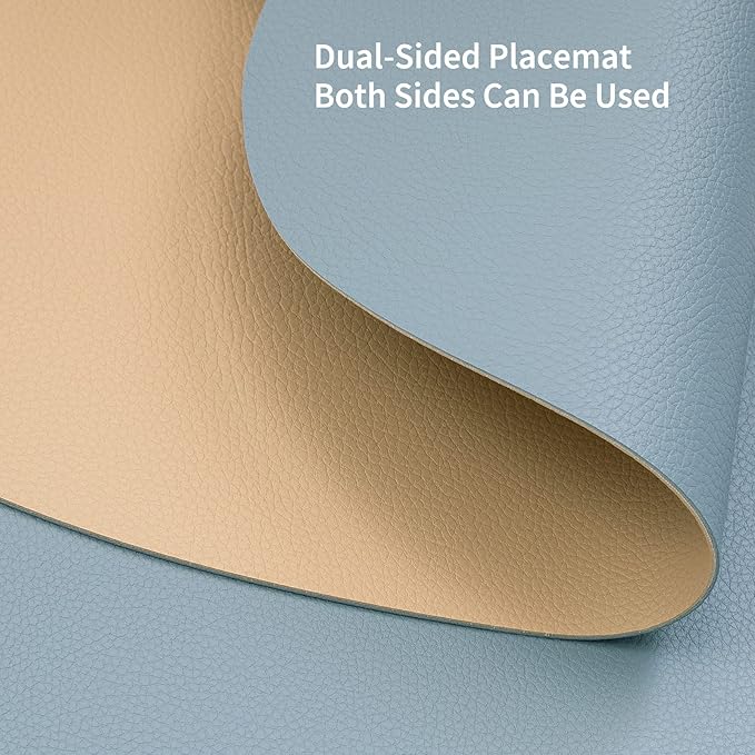 Myir JUN Placemats, Dual-Sided Placemats Waterproof Faux Leather Placemats Set of 4 Place Mats and Coasters Non-Slip Washable Table Mats for Dining Table (Camel Yellow Light Blue, Set of 4)