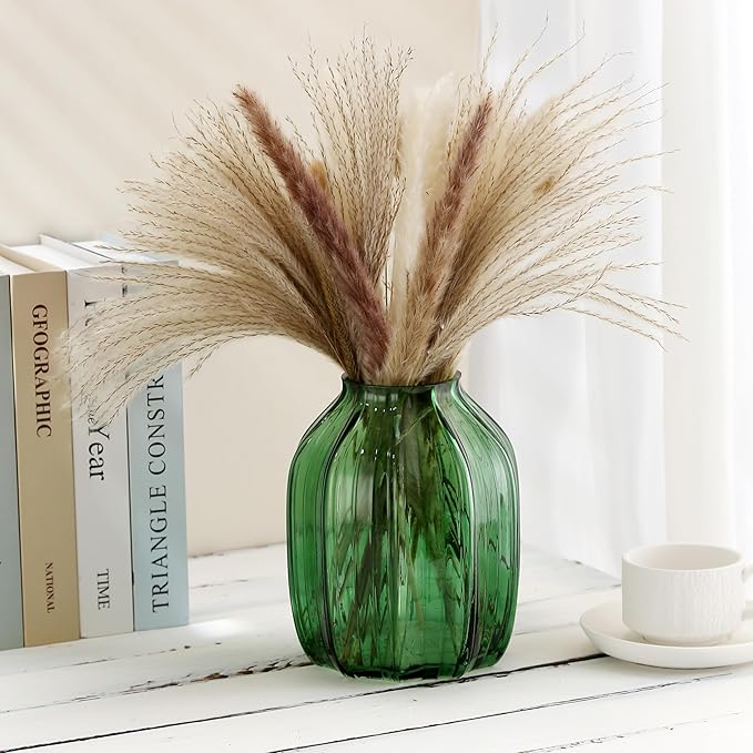 Green Glass Vase for Flowers Bud Tall Glass Vases,H-8.0" Simple Striped Design for Home Floor Decor,Farmhouse Decor, Centerpiece Coffee Table Decorations (Green 8.0IN)