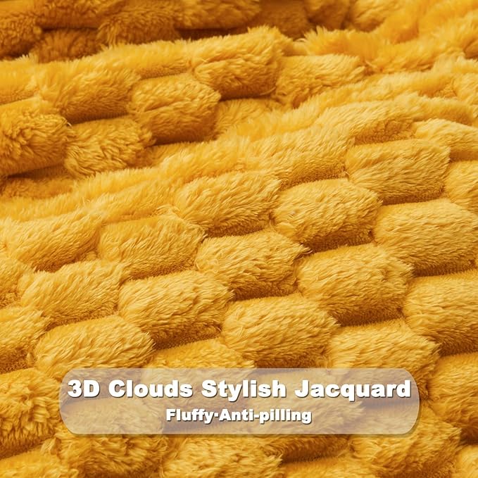 NEWCOSPLAY Super Soft Queen Blanket Mustard Yellow Premium Silky Flannel Fleece 3D Clouds Stylish Jacquard Lightweight Bed Blanket All Season Use 350GSM (Mustard Yellow, Queen(90"x90"))