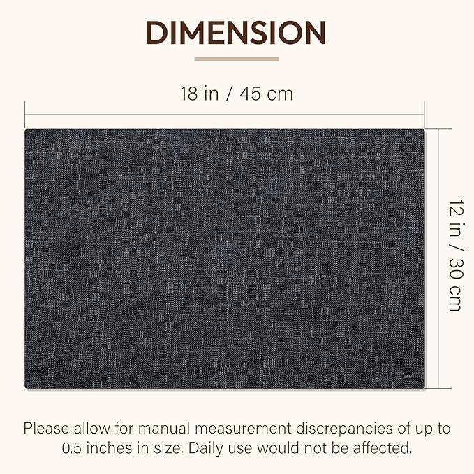 Placemats Set of 6, Dual-Layered Thickened Faux Linen Cloth Place Mats Heat Resistant Machine Washable Wrinkle Free Table Mats Indoor/Outdoor (Dark Grey)
