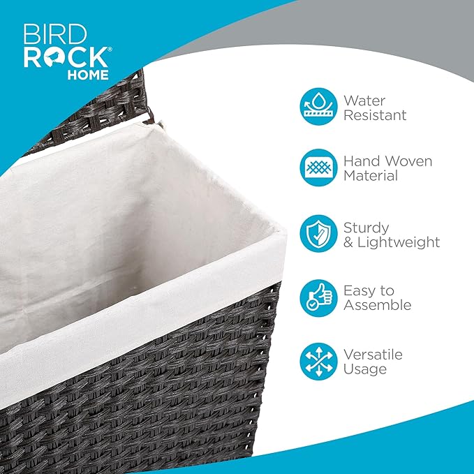 BIRDROCK HOME Laundry Hamper with Lid - Hand Woven PE Rattan Clothes Basket with Removable Liner Bag - Small Collapsible & Foldable Laundry Bin Organizer Storage for Bathroom, Bedroom - Single, Brown