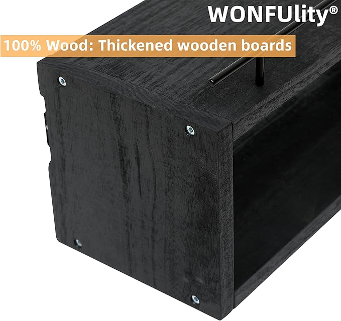 WONFUlity Bathroom Wall Shelves With Storage Basket, Over Toilet Paper Holder, Farmhouse Wood for Living Room, Bedroom, Kitchen, Wall Decor (2 Black)