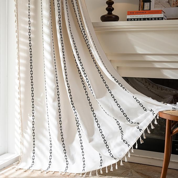 Sutuo Home Boho Farmhouse Curtains 72 Inches Long for Living Room Bedroom Bohemian House Drapes Country Style, Textured Stripe Embroidery Privacy, White and Black 1 Panel W52 x L72