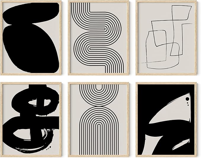 HAUS AND HUES Black Abstract Painting Aesthetic Wall Art- Set of 6 Modern Abstract Wall Art, Black and Gray One Line Abstract Art, Geometric Print Wall Art, Minimalist Wall Art (Beige Frame, 16x20)
