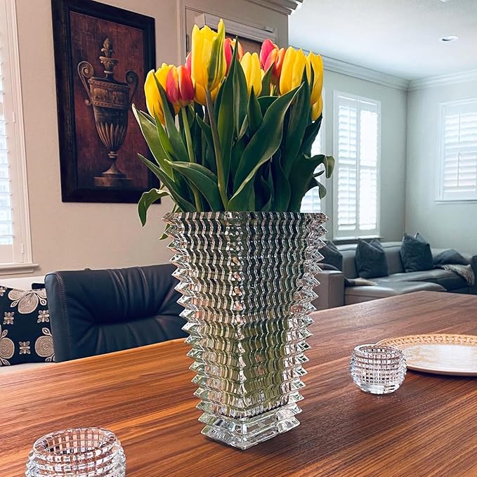 MCMCNCUIU Crystal Vase, Large Crystal Vases for Flowers, Large Flower Vase, Modern Clear Vases for Living Room, Bedroom, Kitchen, Dining Table, Mantle, Wedding, 9 Inches