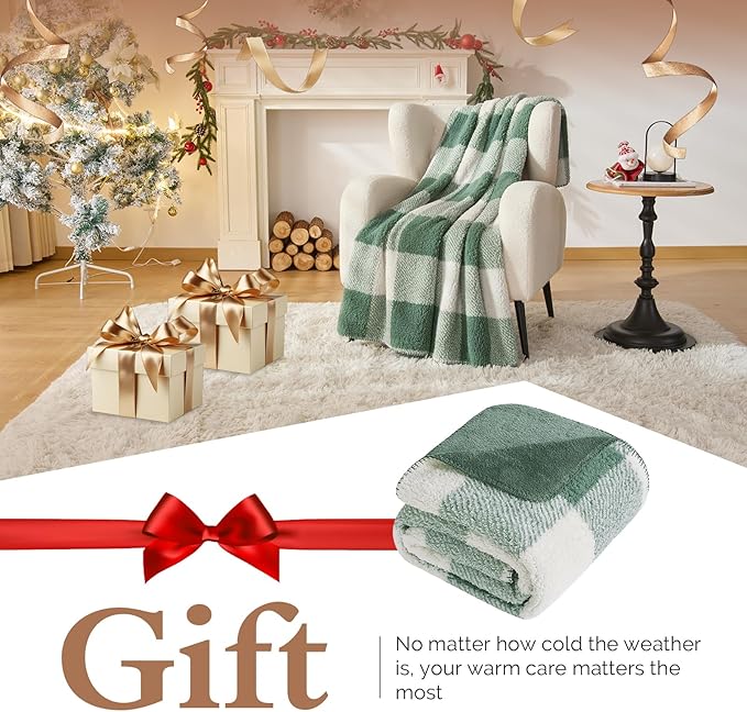 LURKA Checkered Sherpa Fleece Throw Blanket - Extra Thick and Warm Winter Soft Fuzzy Plush Blanket for Couches, Beds & Pets, Sage, 50x60 Inches