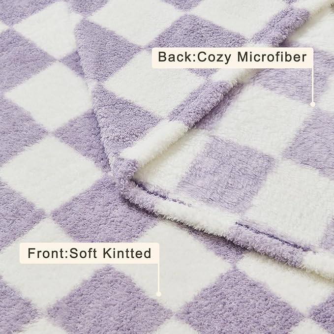 EMME Checkered Blanket Throw - 50"x60" Lavender Knit Blanket Soft Fluffy Patterned Throw Blankets for Couch, Sofa, Chair, Bed, Camping, Picnic, Travel