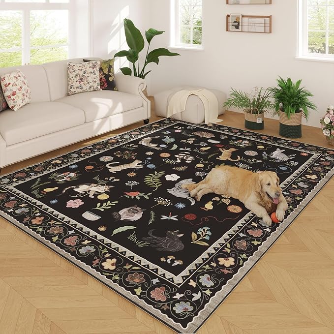 Living Room Rug 5x7 Rug Machine Washable Boho Area Rug Non Slip Floral Animal Cat Vintage Low Pile Large Rugs for Living Room Bedroom Farmhouse Dining Room Kids Playroom, Black