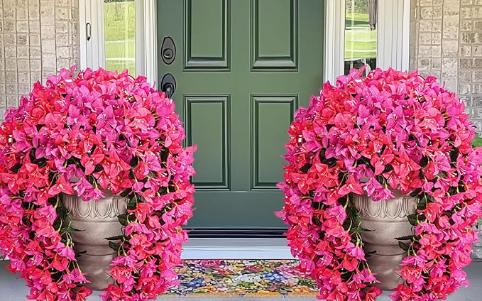 8 Pcs UV Resistant Artificial Flowers for Outdoors, Realistic Faux Silk Bougainvillea Flowers, Fake Hanging Plants for Porch Patio Balcony Decoration (Rose red & Purple)