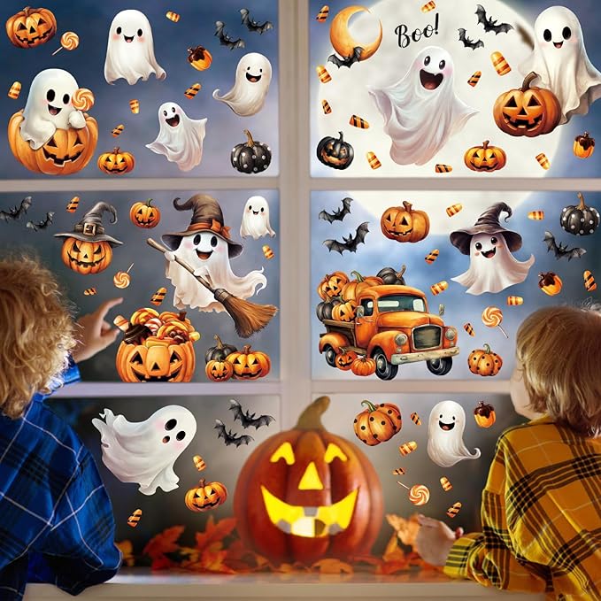 8 Sheet Halloween Window Clings, Ghost Pumpkin Bat Reusable Window Stickers Double Decals for Glass Window Halloween Decoration