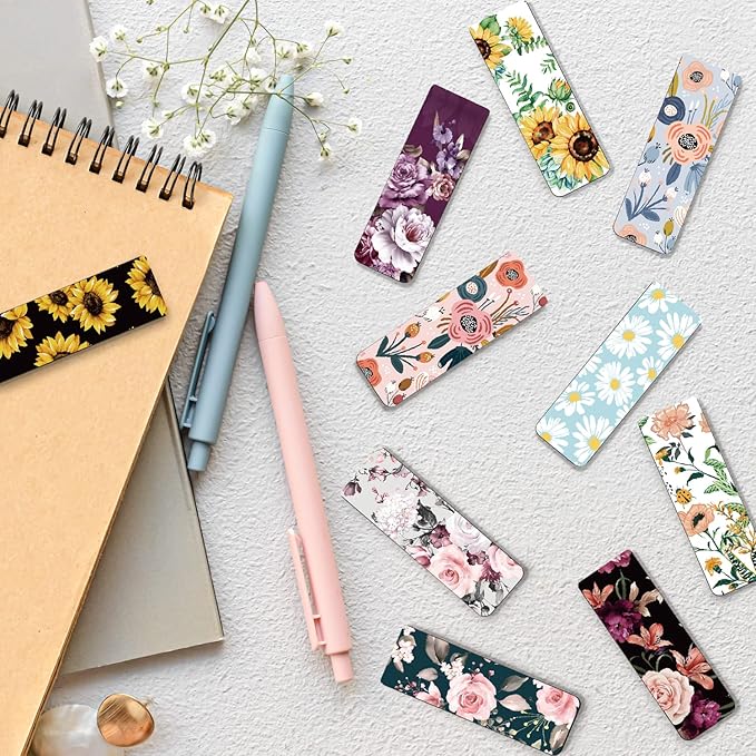 WAVEYU Magnetic Bookmarks for Women Girls,Cute Magnet Page Markers Assorted Book Markers for Book Lovers Students Teachers Adults Kids for School Home Office Reading Stationery,10 Floral Designs