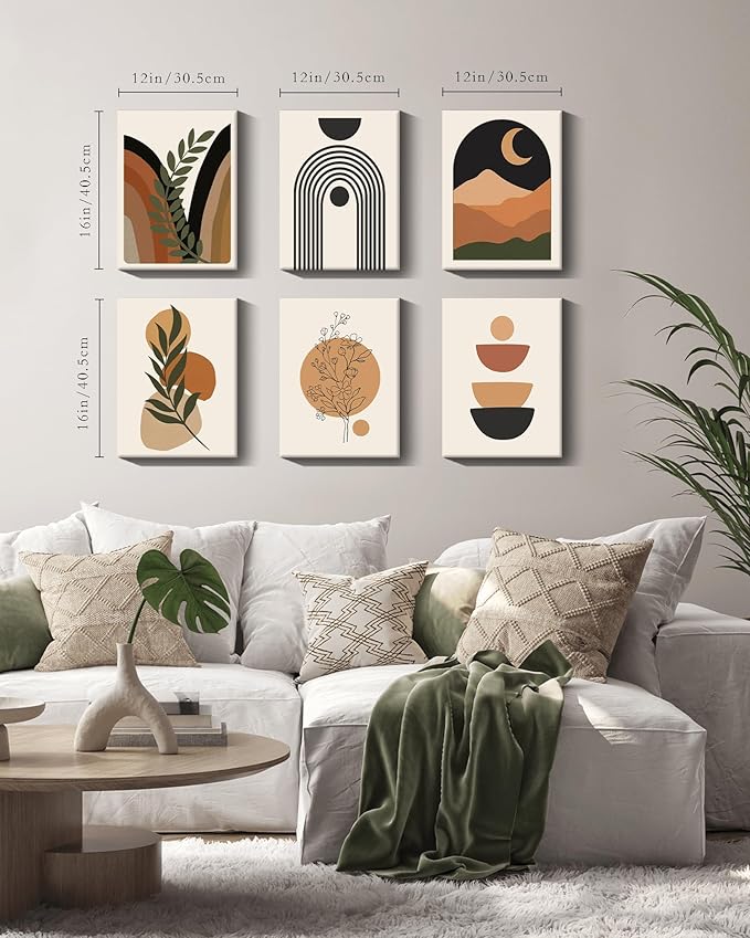 Drsoum Boho Wall Decor 12x16in Bohemain Wood Wall Art Mid Century Modern Minimalist Abstract 𝗙𝗿𝗮𝗺𝗲𝗱 Boho Room Decor 6pcs (Framed)