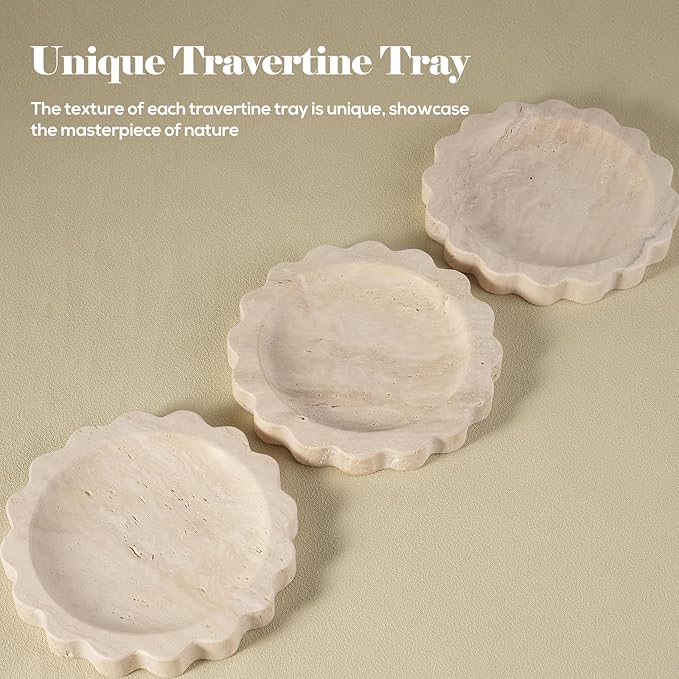 Koville Travertine Jewelry Dish, 5.51" Round Trinket Dish for Ring Necklace Earring Perfume, Natural Stone Decorative Tray for Countertop Bathroom Kitchen Dresser, Beige Travertine Tray
