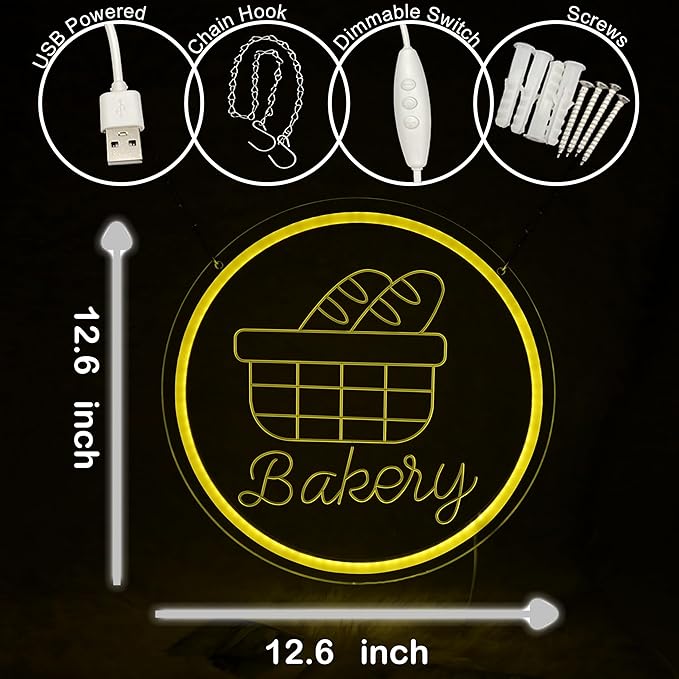 Bakery Neon Sign Bread and Baguette Bakery Neon Light Bakery LED Neon Sign for Bread shop Wall Décor Dimmable LED Neon Light for Bar Restaurant Music Concert Man Cave Game Room Wall Art 12.6"×12.6"