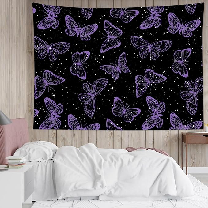 HVEST Purple Butterfly Wall Hanging - Galaxy Space Tapestry for Bedroom, Kids Room, Living Room - 60L x 80W inches