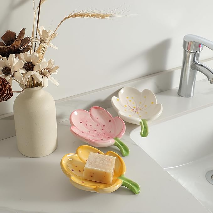 Ankah Decorative Ceramic Soap Box, Flower Shape Soap Dish, Self-Draining to Keep Dry Stop Mushy Soap Holder, Easy Cleaning, Best for Shower Bathroom and Kitchen (Tulip, White)