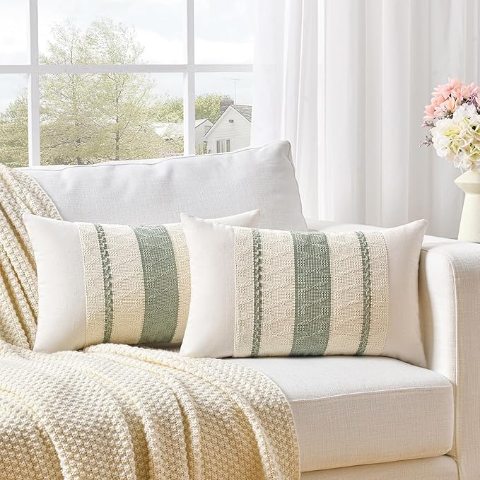 Fancy Homi Set of 1 Sage Green Boho Lumbar Decorative Throw Pillow Covers 12x24 Inch for Living Room Bedroom Couch Bed Chair, Rustic Retro Cushion Case, Bohemian Room Home Decor