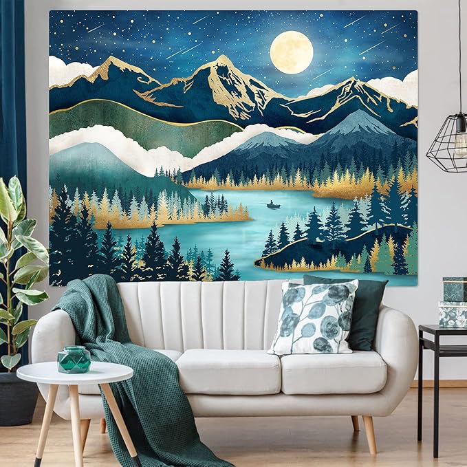 Accnicc Mountain Tapestry Nature Forest Tree Tapestries for Bedroom Aesthetic Starry Night Moon Stars Tapestrys Wall Hanging Teal Abstract Wall Tapestry for Dorm Living Room (Teal, 90'' × 68'')