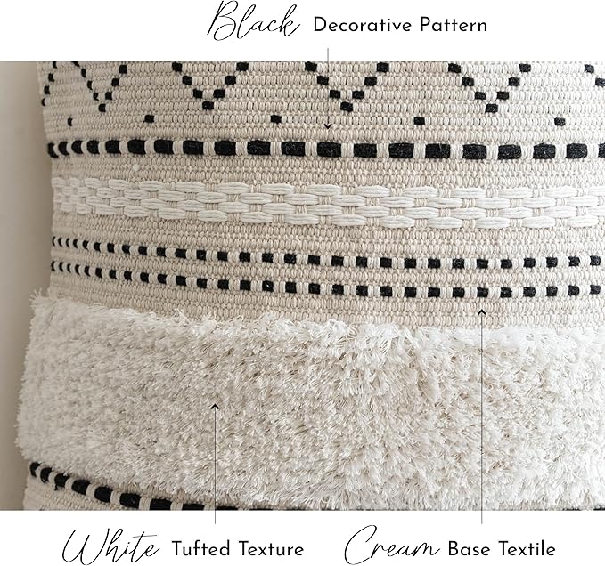 Decorative Lumbar Throw Pillow Cover 12x20 Rectangular Boho Accent Pillowcase Black Neutral White Farmhouse Cushion for Couch Sofa Bedroom Living Home Décor (Cover ONLY, Pack of 1)