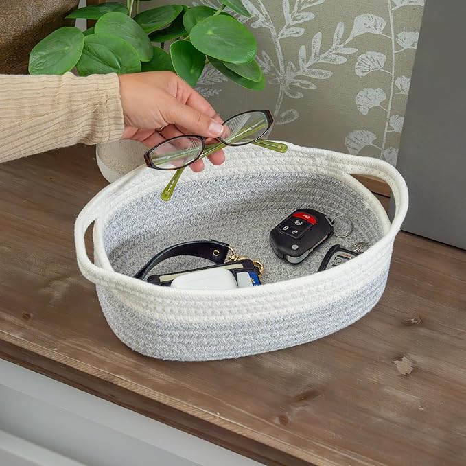 OrganiHaus Set of 5 Rectangle Bathroom Storage Baskets for Organizing, Small Woven Baskets for Storage Basket for Bathroom, Nursery Storage Basket for Baby Nursery Organization, Cute Bins, Gray/White