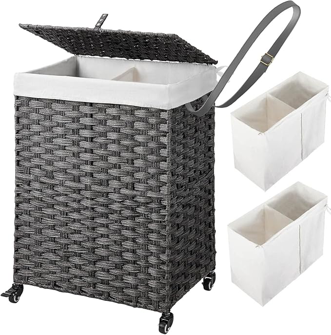 Greenstell Laundry Hamper with Wheels, No Install Needed, 90L Divided Handwoven Hampers & 2 Removable Liner Bags, Rattan Clothes Laundry Basket with Lid & Handles, Foldable Hampers Gray 18x13x26.4 In