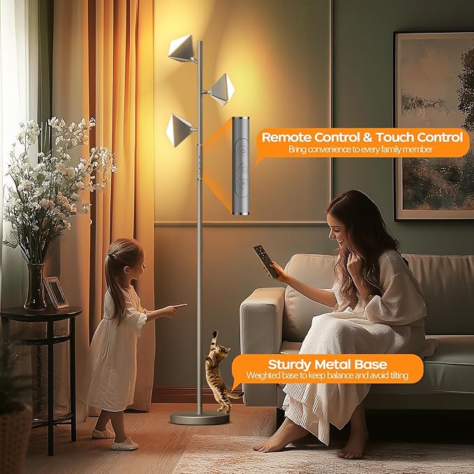QiMH LED Tree Floor Lamp, Modern Floor Lamp for Living Room with 3 Lights,4 Color Change, 36W Stepless Dimmable Tall Standing Lamp with Touch and Remote Control for Bedroom Home Office, Silver
