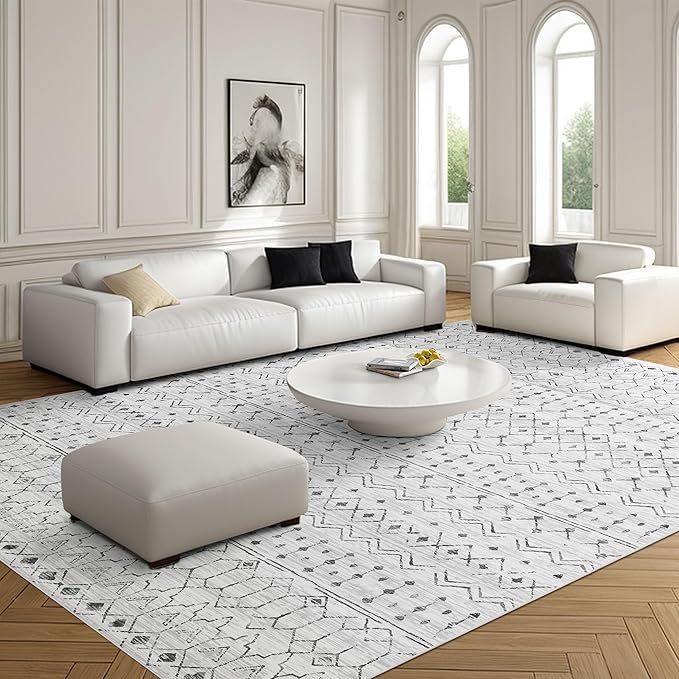 Deerly Carpet for Living Room, Boho Washable Rugs 9x12, Moroccan Area Rug Farmhouse Distressed Rug with Non-Slip Backing, Large Soft Neutral Indoor Rug for Bedroom Dining Room, White/Dark Grey