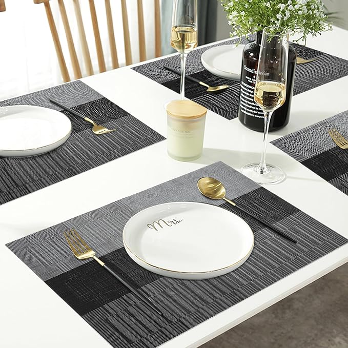 HeloHo Black Grey Stripe Placemats Set of 8, Heat-Resistant Washable Placemats Non-Slip Vinyl Woven Table Mats Wipeable Placemat for Kitchen Dining Table Decoration Indoor Outdoor
