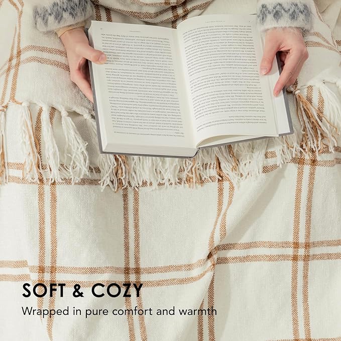 EVERGRACE Plaid Chenille Throw Blanket for Couch, Super Soft Cozy Decorative Windowpane Grid Plaid Throw with Tassels, Lightweight Chenille Knit Throw for Bed Sofa Gift, Cream & Beige 50"x60"