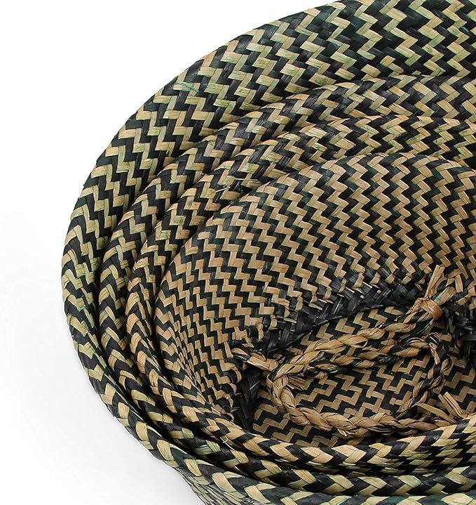 Woven Seagrass Belly Basket for Storage, Plants, Laundry, Picnic and Groceries (Medium, Black Strips)