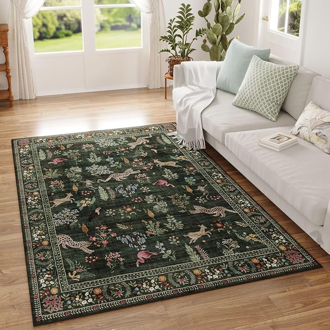 Area Rug 4x6 Rug Washable Boho Rugs Non Slip Low Pile Floral Animal Small Carpet for Bedroom, Bedside, Kids Room, Office, Dining Room (Green)
