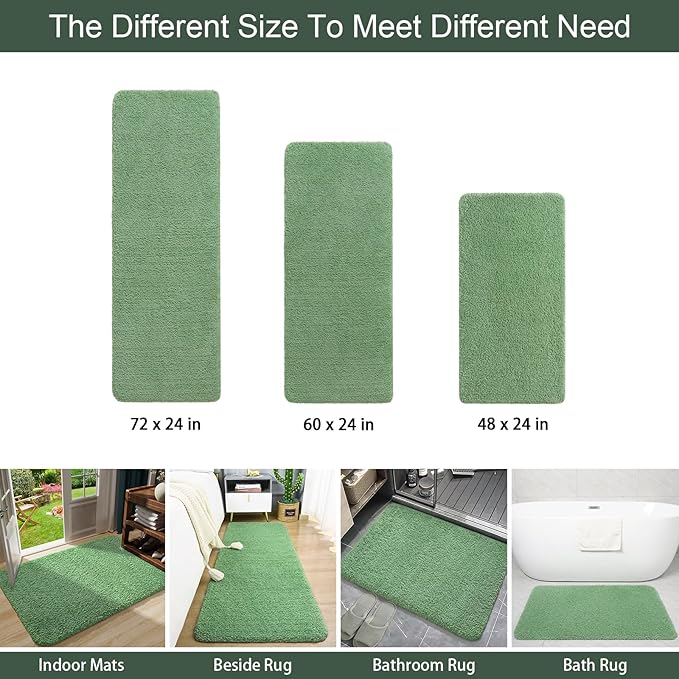 AROGAN Luxury Long Bathroom Runner Rug, 24x36 Inch Thick Soft and Absorbent Microfiber Non Slip Bath Mat, Rubber Backing Quick Dry Rugs Carpets, Machine Washable Plush Mats for Shower Floor, Green