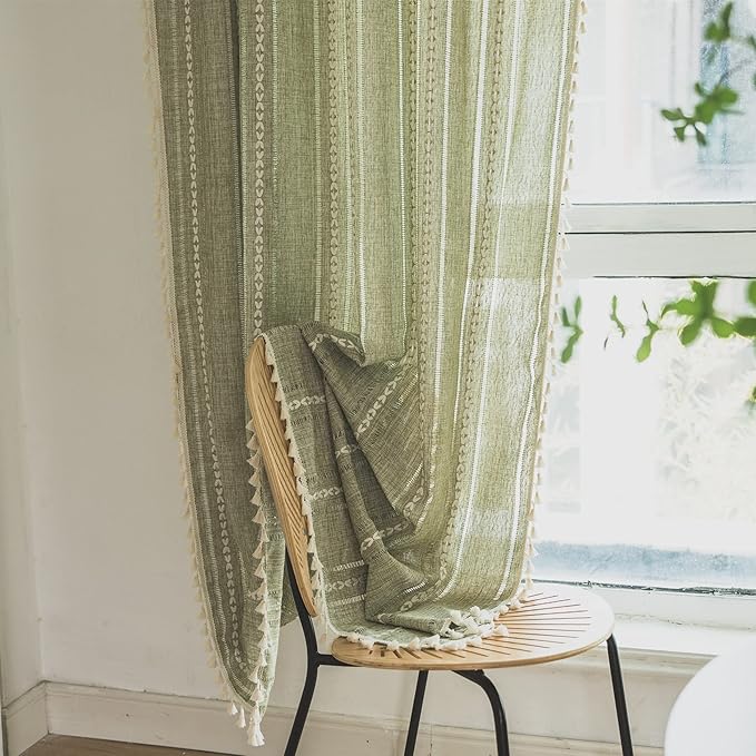 Sutuo Home Boho Curtain for Bedroom Living Room 96 Inches Long, Light Filtering French Country Farmhouse Vintage Chic Tassels Hollow Window Treatment Bohemian Drape, 1 Panel 52" W x 96" L, Green