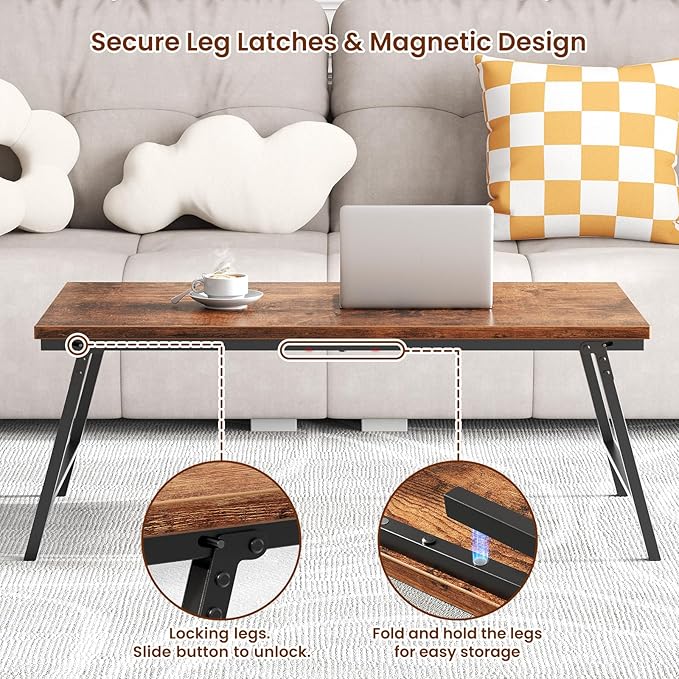Folding Coffee Table, Leg Latches Portable Sturdy Floor Table Desk for Sitting on The Floor, No Assembly Low Coffee Table for Living Room, Home, Office, Rustic Brown, 41.34L×21.65W×15.75H