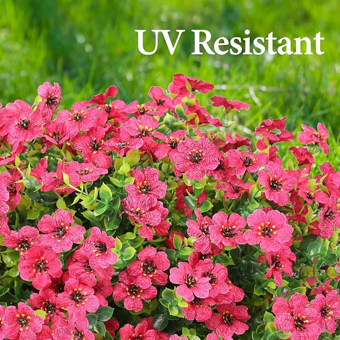 Artificial Flowers Outdoor Faux Plants UV Resistant 12 Bundles Fake Patio Flowers Plastic Greenery Plnats Outside Bulk for Spring Garden Hanging Planter Home Vase Decor, Rose Red