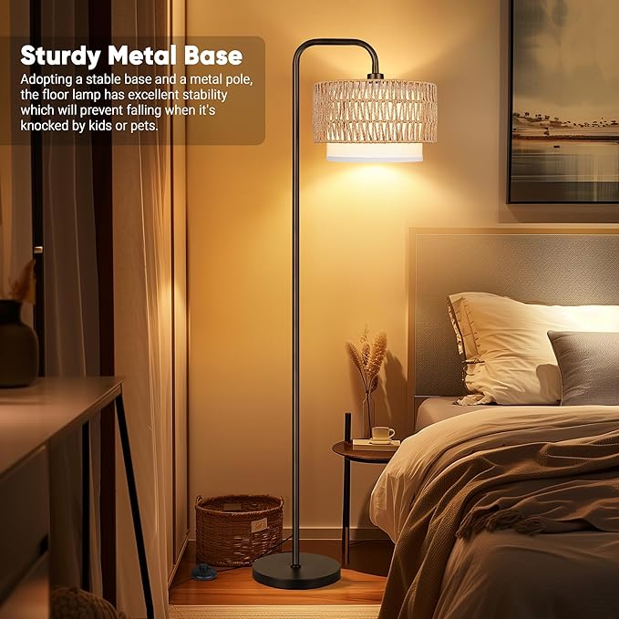 PARTPHONER 68‘’Floor Lamp for Living Room with 3 Color Temperatures, Farmhouse Standing Lamp with Remote & Dimmable Bulb, Boho Lamp Rattan & Fabric Shades, Black