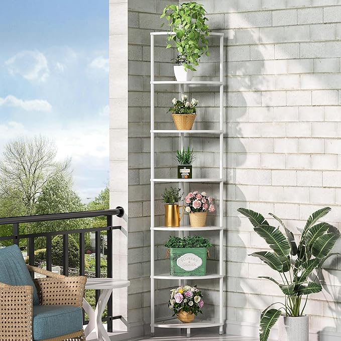 7 Tier Corner Shelf Stand Kitchen Organizer with Metal Frame for Organization & Storage Corner Shelves Kitchen Decor Accessories Marble White 64.7"