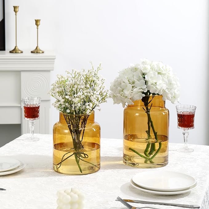 Large Glass Vase, Amber Glass Vase Set of 2, Large Flower Vases for Bouquet, Tall Wide Mouth Vases for Flowers, Home, Wedding, Living Room, Office Decor, 7"+9"