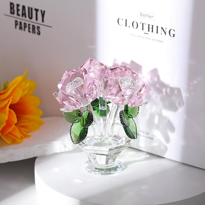 Pink Rose Flower Crystal Figurine with Vase, Handmade Bouquet Flowers Gifts for Wife Girlfriend Women Ornament , Crystal Flower Collectible Home Table Decor for Valentine's Day Wedding Anniversary