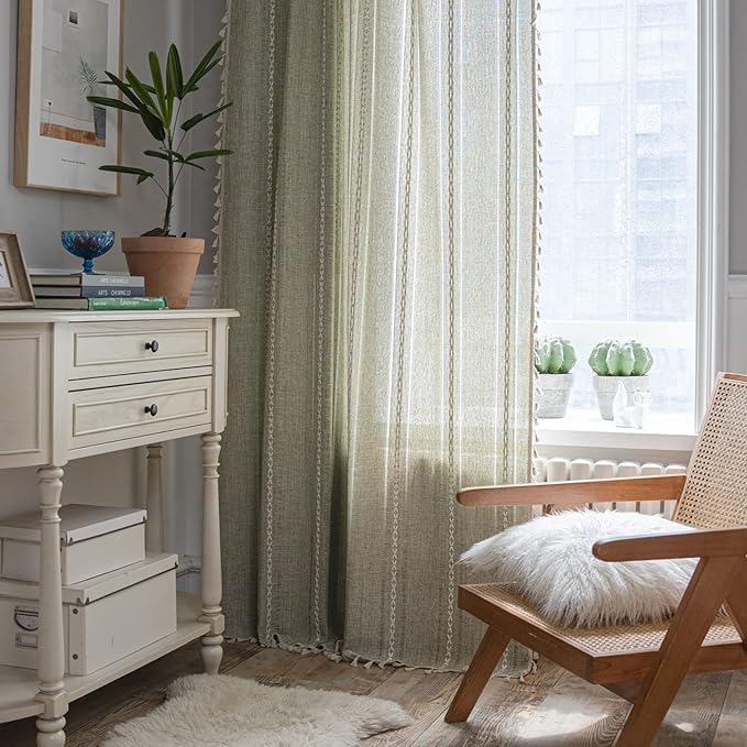 ColorBird Sage Green Boho Curtains for Bedroom 63 inch Length, 2 Panels Farmhouse Linen Curtains Living Room Darkening Drapes, Embroidered Country Window Curtain for Dining Nursery Closet