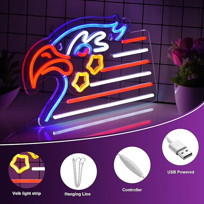 USA Eagle Flag Neon Signs for Wall Decor,American Eagle Flag Beer Bar Bedroom Art Neon Light Handmade Neon Lights Sign for Bedroom Office Hotel Pub Cafe Recreation Room Night Light