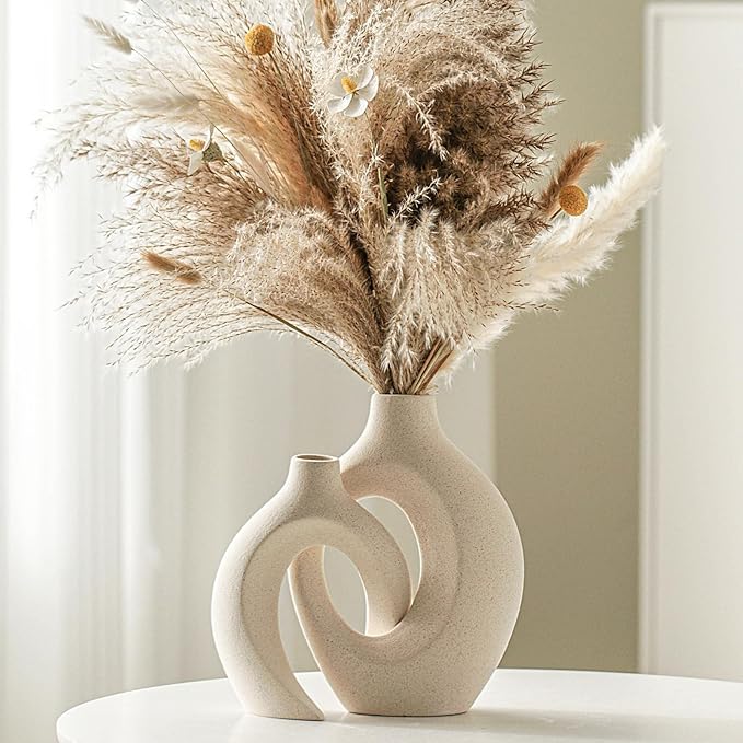 Off White Hollow Ceramic Vase Set of 2, Round Modern Vase for Nordic Minimalist Book Style Shelf Decor, Donut Boho Aesthetic Vases for Trendy Home Living Room Entryway Coffee Table Decorative