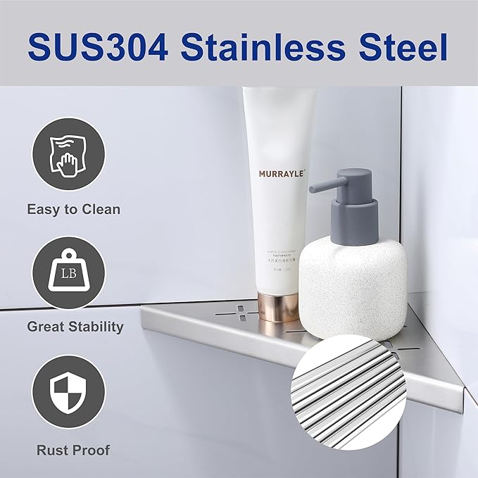 8" Corner Shower Shelf, 2-Pack Shower Shelves SUS304 Stainless Steel Bathroom Shelves for Tile Walls, Recessed Corner Shelf Organizer Rack, No Drilling (Brushed)