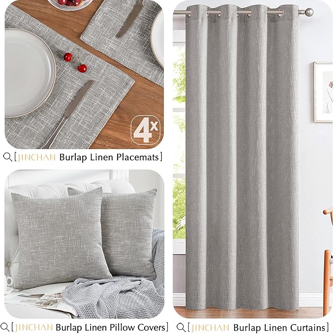 JINCHAN Burlap Textured Placemats Set of Four Farmhouse Cloth Place Mats Gray Table Mats Sturdy Fabric Placemats for Kitchen Dining Table Double Layer Heat Resistant Tablemats 13 x 19 Inch Grey