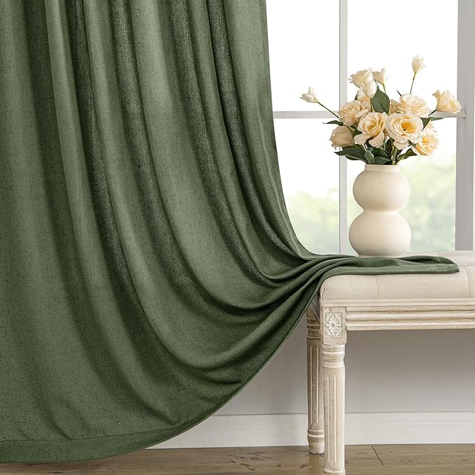 MIULEE Non-See-Through Privacy Linen Curtains 2 Panels, Olive Green Light Filtering Window Curtains Farmhouse Textured Back Tab Semi Sheer Drapes for Bedroom Living Room 90 Inches Long Dark Green